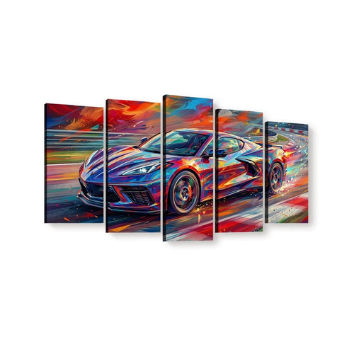 A 5-panel canvas wall art set depicting a colorful, stylized Corvette sports car in motion against an abstract, vibrant background.