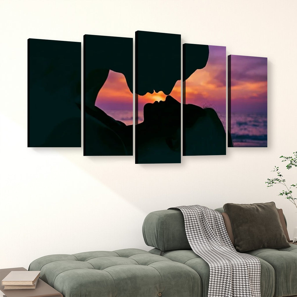 Loving Couple Kissing at Sunset on Gulf Ocean Beach — Multi-Panel Canvas Wall Art