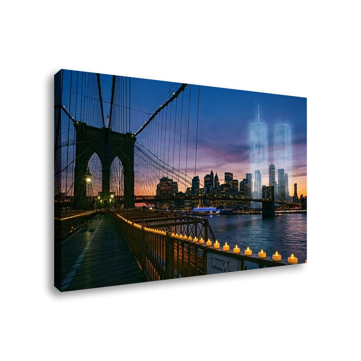 A rectangular canvas wall art print showing a city skyline at dusk with the Brooklyn Bridge in the foreground and two tall illuminated towers in the background, photographed against a plain white backdrop.