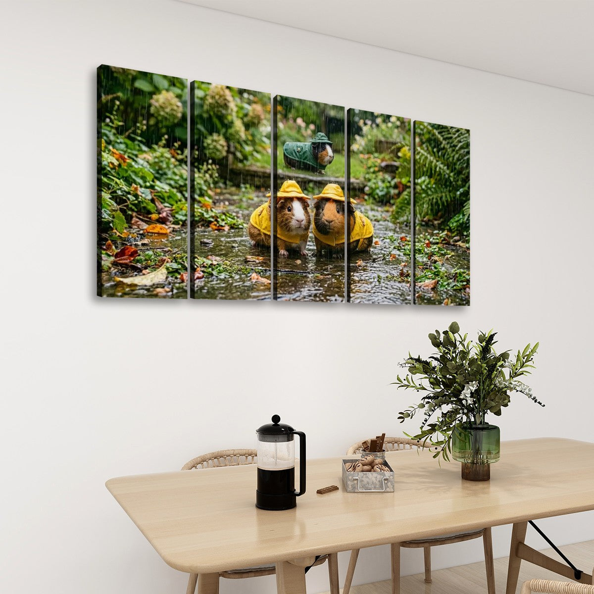 3 Guinea Pigs Playing in the Rain | 5-Panel Level Canvas Wall Art | 1, 3, 5 Panel