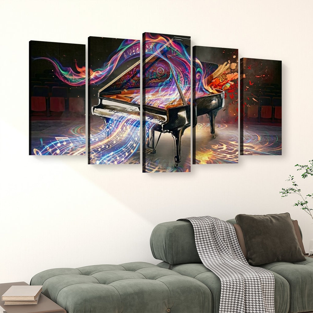 A 5-panel canvas wall art set depicting a black grand piano with vibrant, colorful abstract light trails in purple, blue, pink, and orange, displayed on a white wall above a green sofa.
