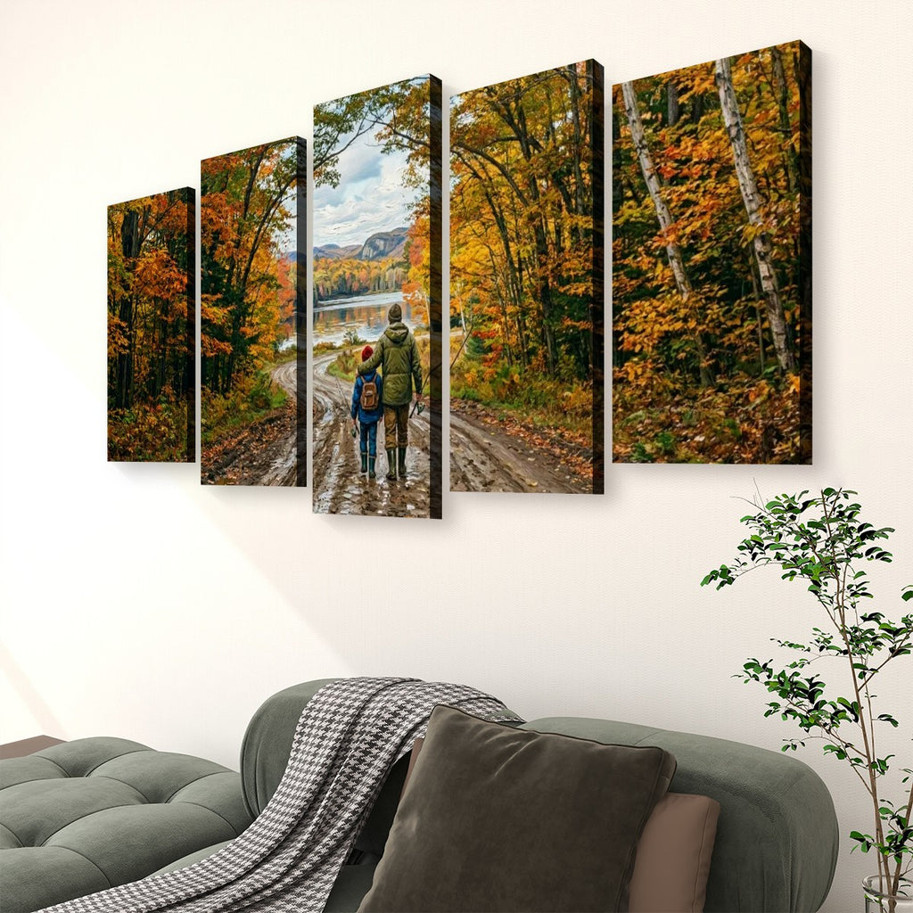 A five-panel canvas wall art set depicting a couple walking along a dirt road surrounded by vibrant autumn trees, displayed on a white wall above a gray sofa in a living room setting.