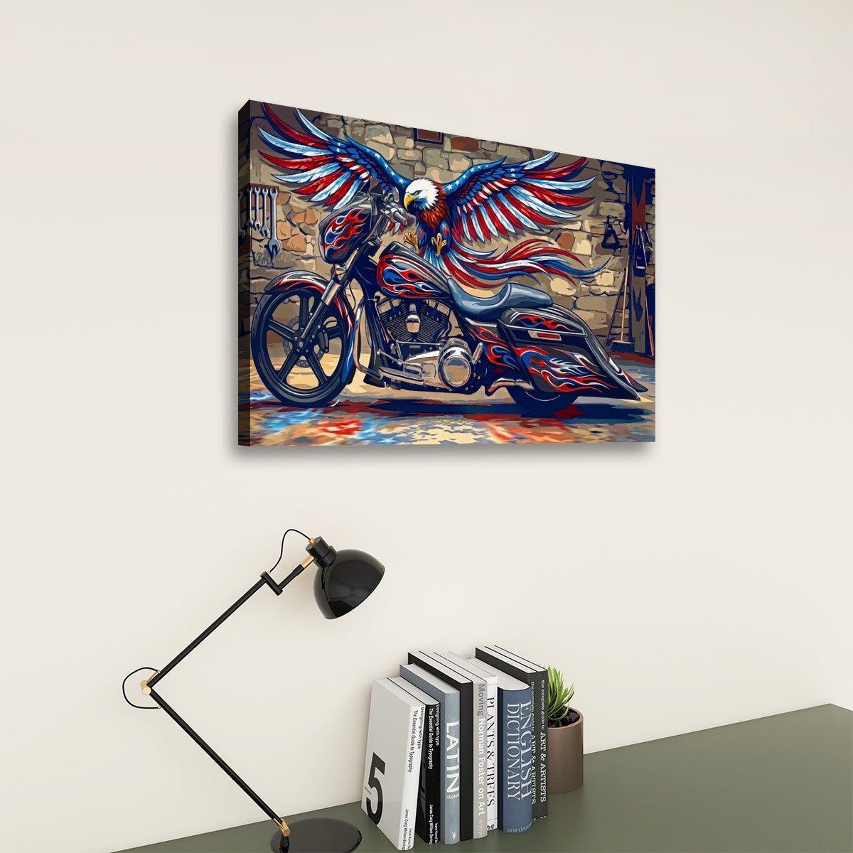 American Bagger Dresser Canvas Wall Art — Red, White & Blue Eagle, Stretched Swoop Bags