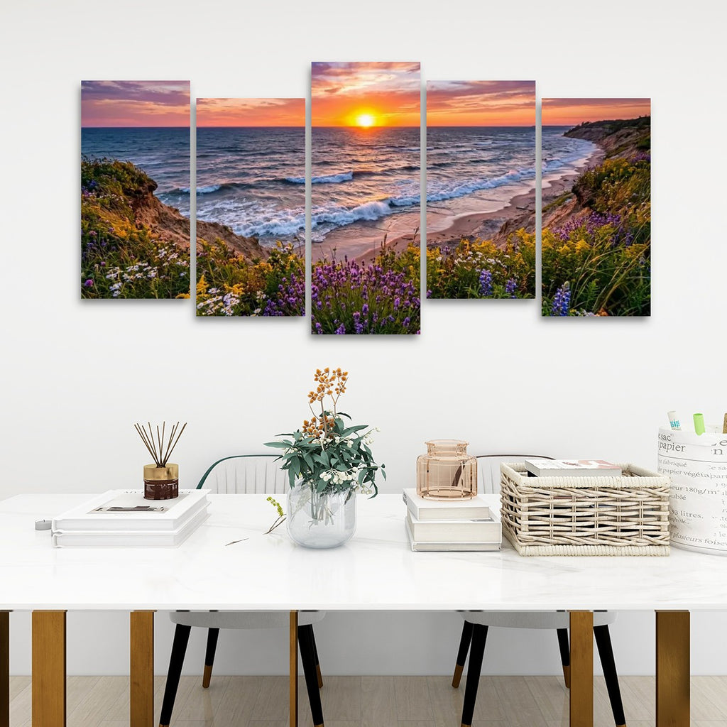 Lake Michigan Bluff at Sunset with Lavender Flowers  – 1, 3, 5-Panel Split Canvas Wall Art