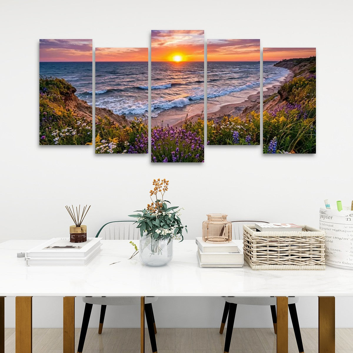 Lake Michigan Bluff at Sunset with Lavender Flowers  – 1, 3, 5-Panel Split Canvas Wall Art