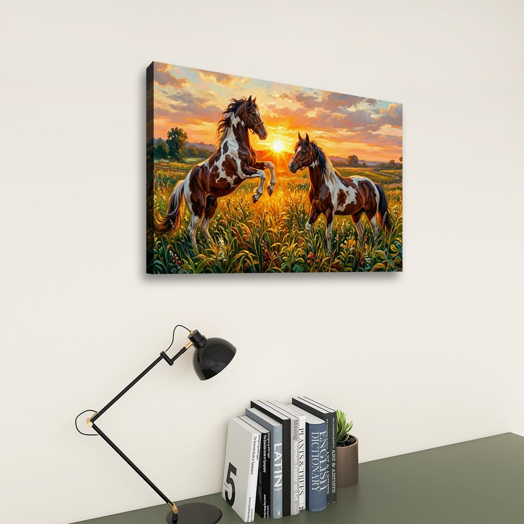 A rectangular wall art print showing two painted horses in a golden field at sunset, displayed on a light wall above a desk with a black lamp and books.