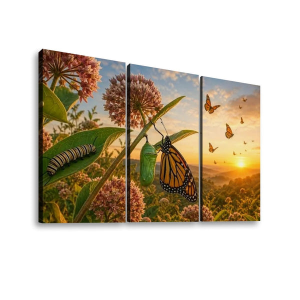 Three-panel canvas wall art showing a monarch butterfly, chrysalis, leaves, and pink flowers at sunset, displayed against a white background.