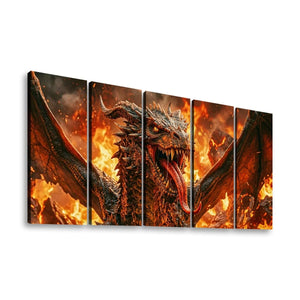 A five-panel canvas wall art set depicting a roaring fantasy dragon with wings spread, surrounded by flames and smoke, shown against a plain white background.