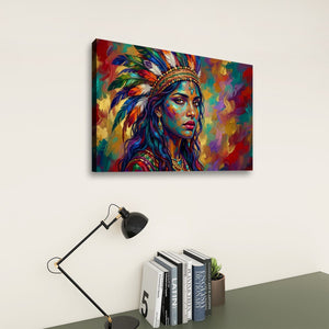 A colorful canvas wall art print depicting a stylized portrait of a Native American woman with a feathered headdress, shown hanging on a light beige wall above a desk with a black lamp and books.