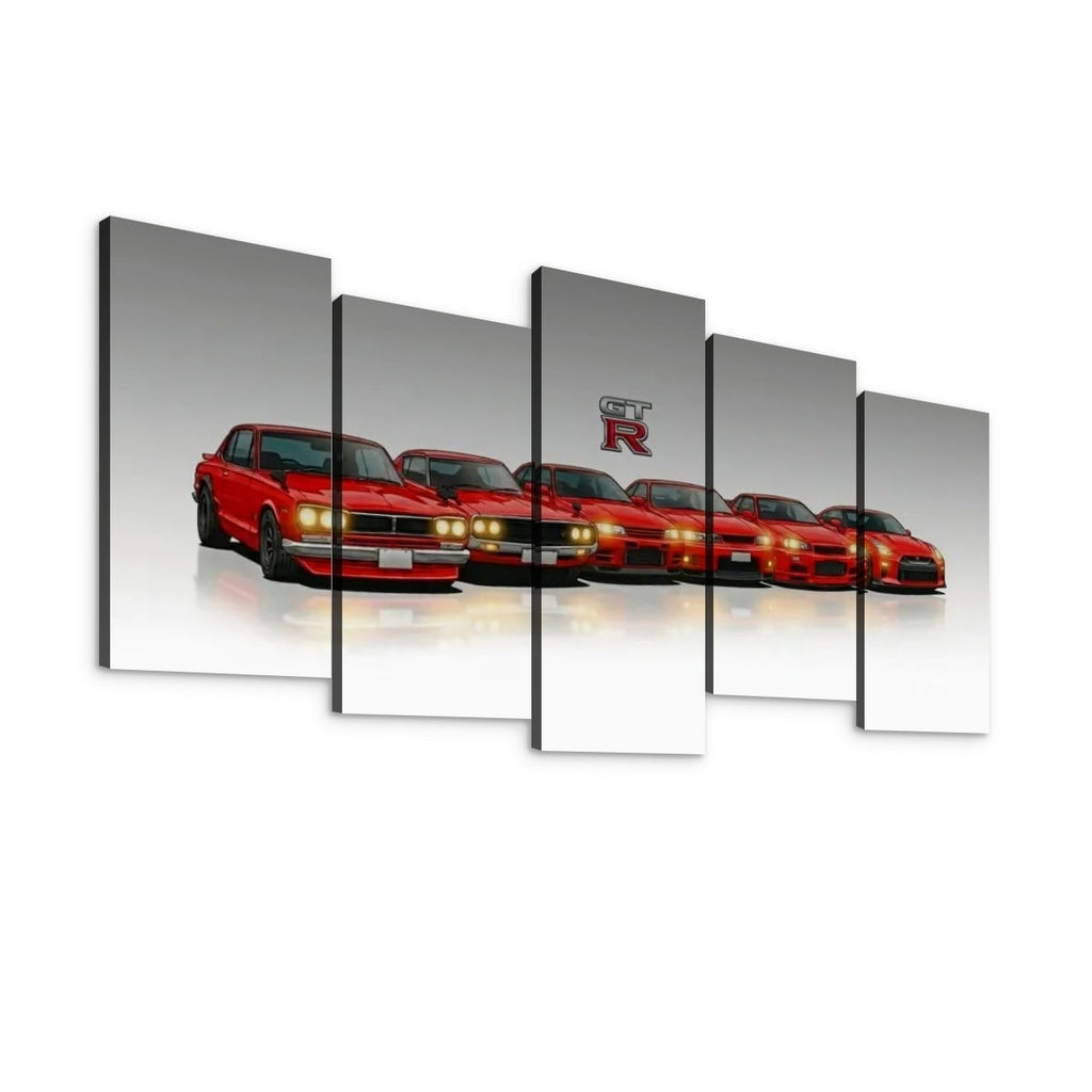 Five-panel canvas wall art showing a row of red sports cars on a reflective gray and white background, with a red and black 'Camry R' logo graphic on the center panel.