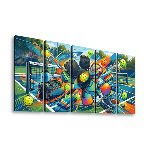 A multi-panel canvas wall art print depicting a colorful, stylized soccer scene on a court, a pickleball bag, shown against a plain white background.