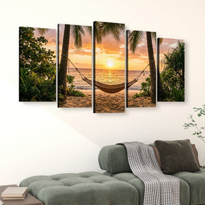 Drift Into Sunset – Hammock & Palm Trees 5-Panel Canvas Wall Art