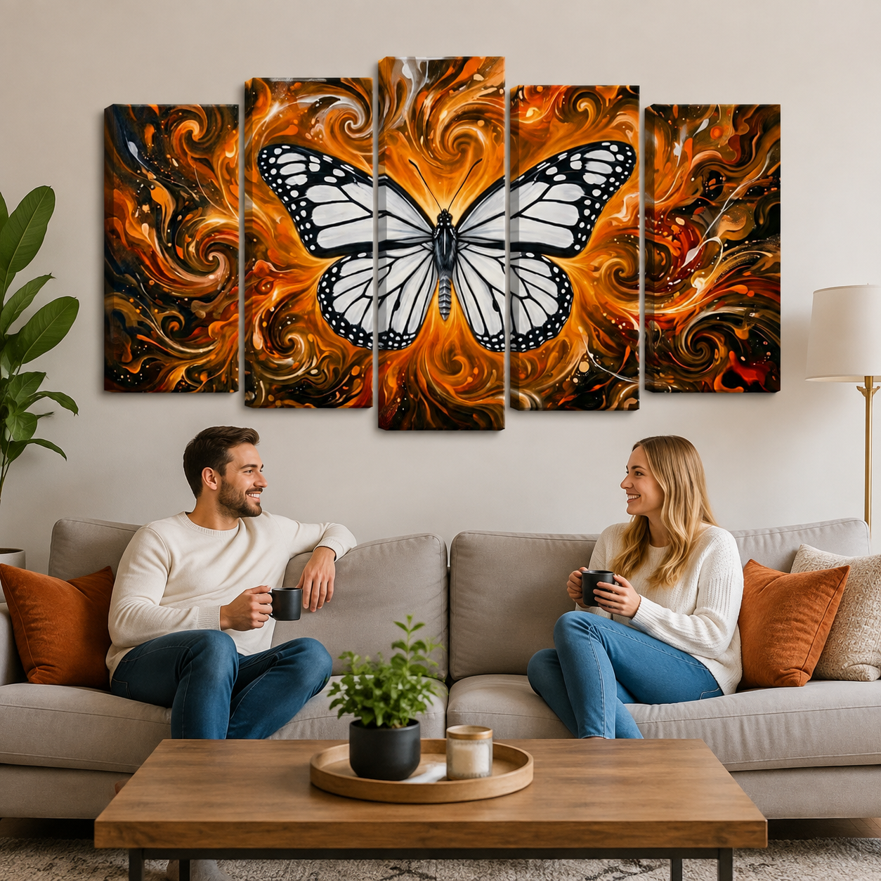 White Monarch Butterfly rare Nivosus form 5-panel Diamond layout canvas wall art on white background — center panel raised