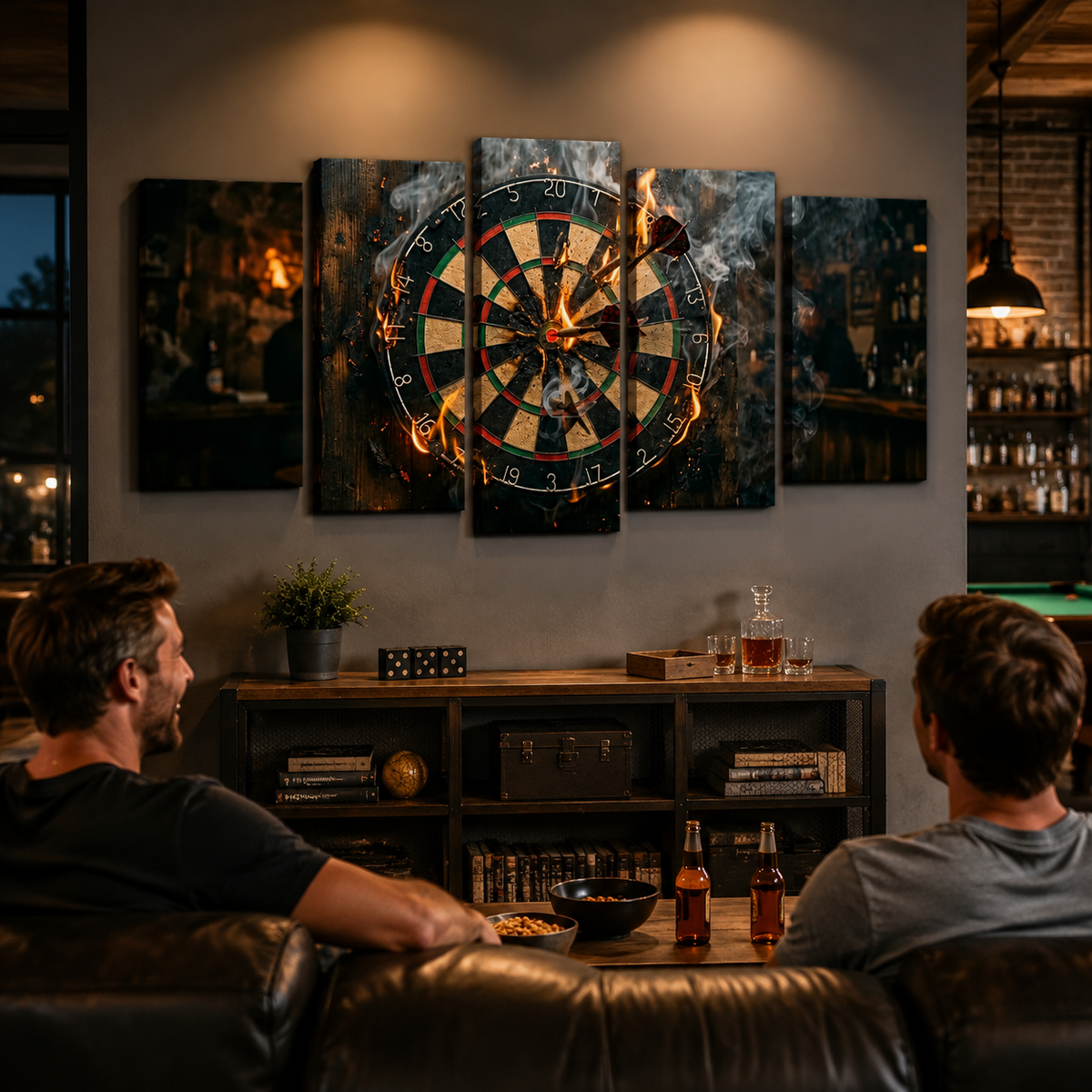 Fire & Smoke Dartboard Canvas Wall Art – Game Room & Man Cave Décor | 1, 3 & 5 Panel Print