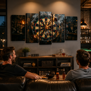 Fire & Smoke Dartboard Canvas Wall Art – Game Room & Man Cave Décor | 1, 3 & 5 Panel Print