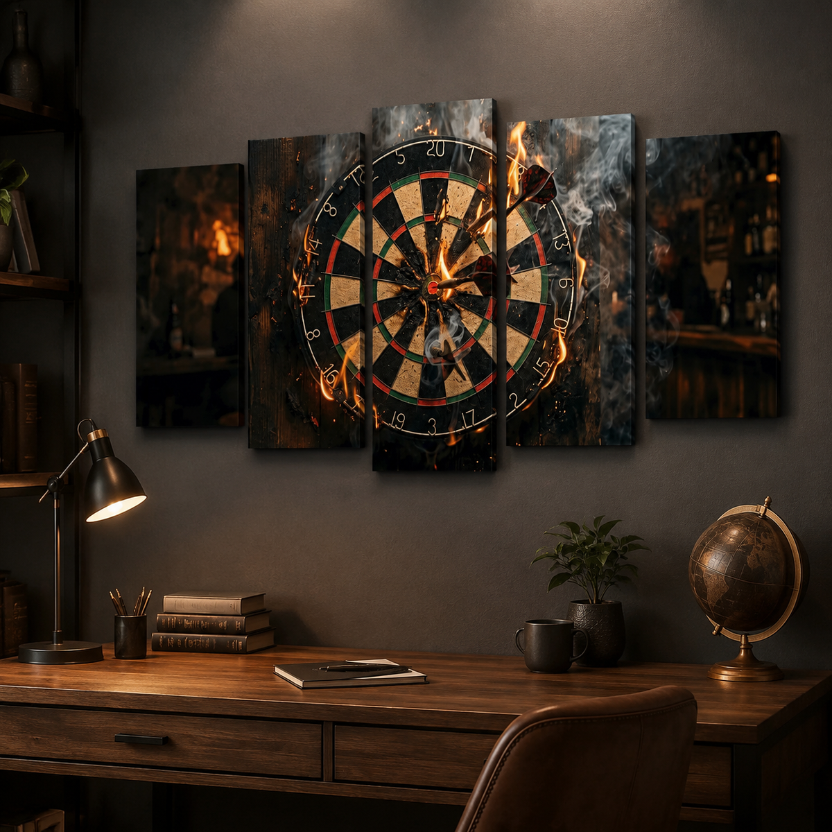 Fire & Smoke Dartboard Canvas Wall Art – Game Room & Man Cave Décor | 1, 3 & 5 Panel Print