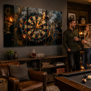 Fire & Smoke Dartboard Canvas Wall Art – Game Room & Man Cave Décor | 1, 3 & 5 Panel Print