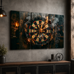 Fire & Smoke Dartboard Canvas Wall Art – Game Room & Man Cave Décor | 1, 3 & 5 Panel Print