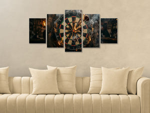 Five-panel wall art of a dartboard on a beige wall above a beige sofa.