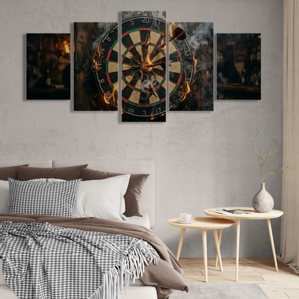 Five-panel wall art of a dartboard in a bedroom setting