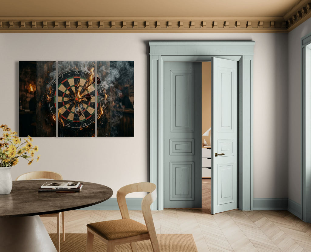Dining room with a dartboard painting on the wall and an open door leading to another room.