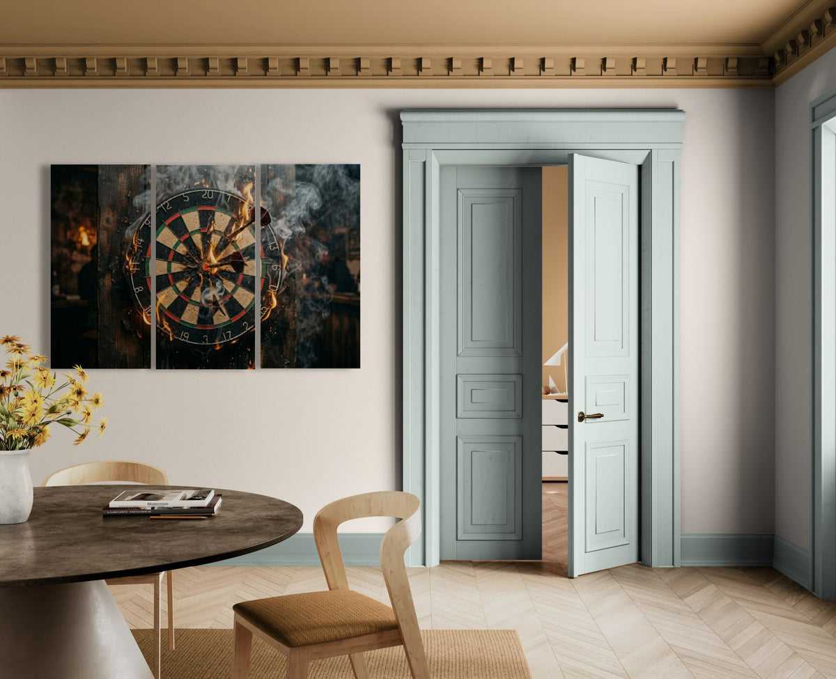 Dining room with a dartboard painting on the wall and an open door leading to another room.