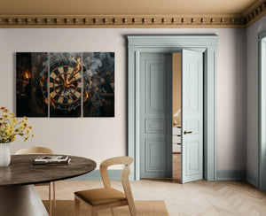 Dining room with a dartboard painting on the wall and an open door leading to another room.