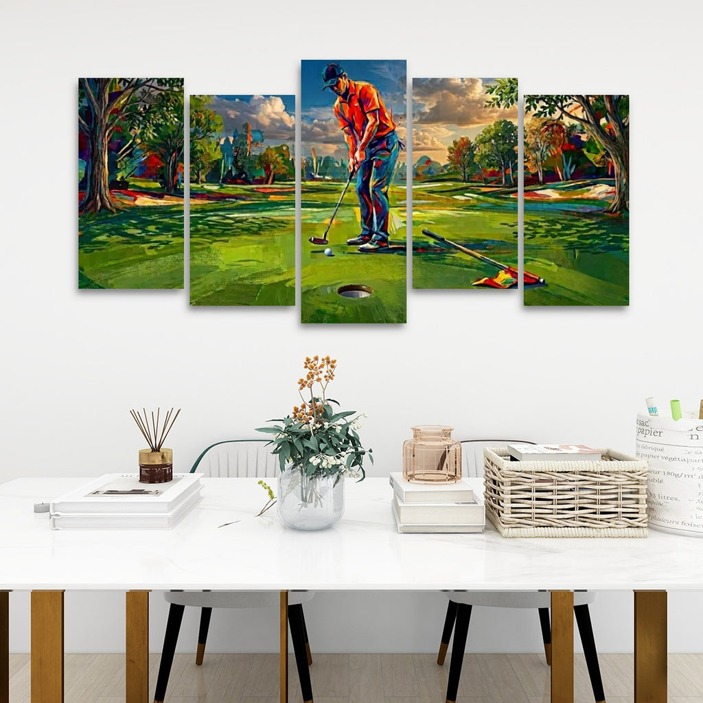 Golfer Golfing Putter Putting on Green — Golf Course Split Canvas Panel 1, 3 & 5 Wall Art