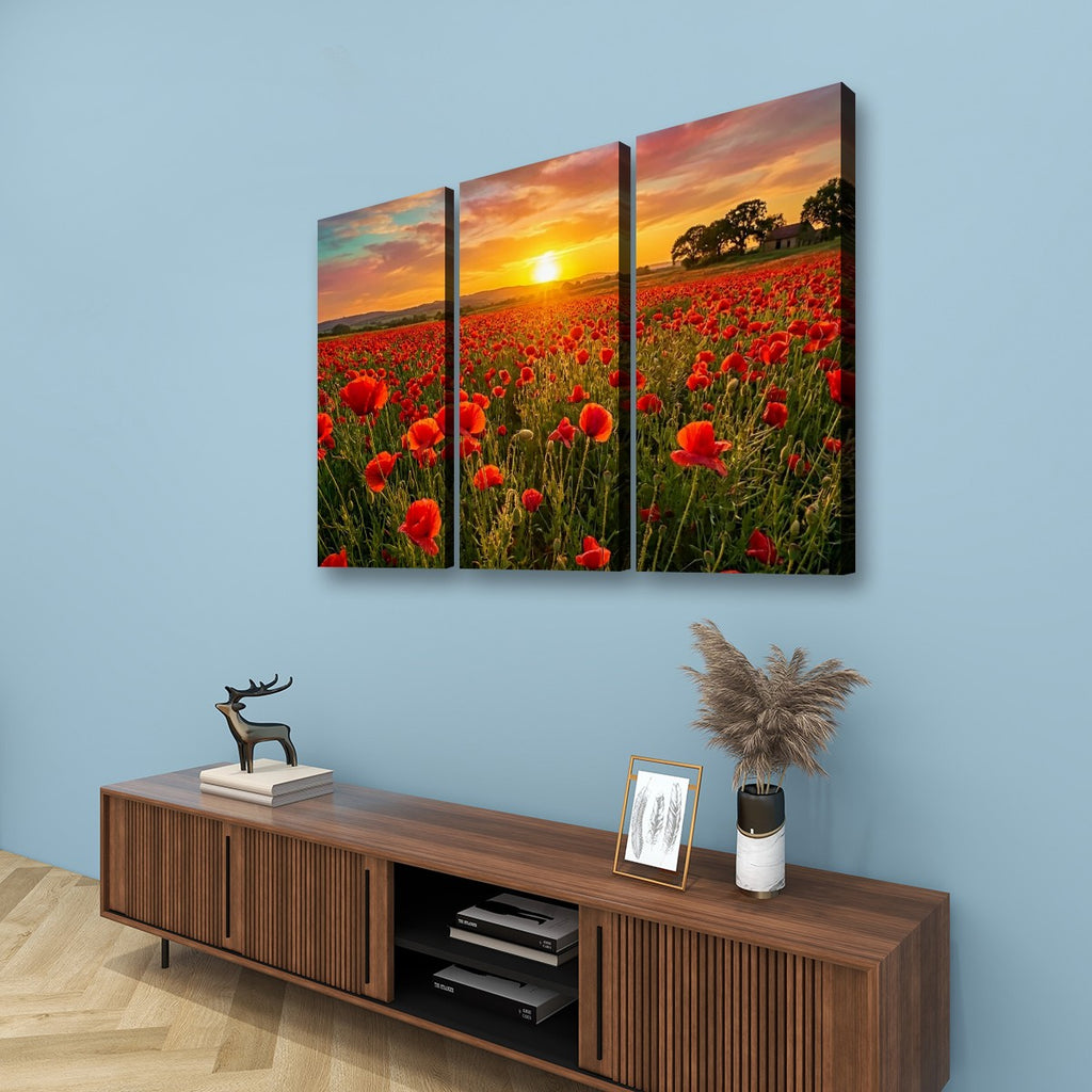 Golden Hour Poppy Field Canvas Wall Art – Fields of Fire | 5-Panel Level Nature Landscape Print