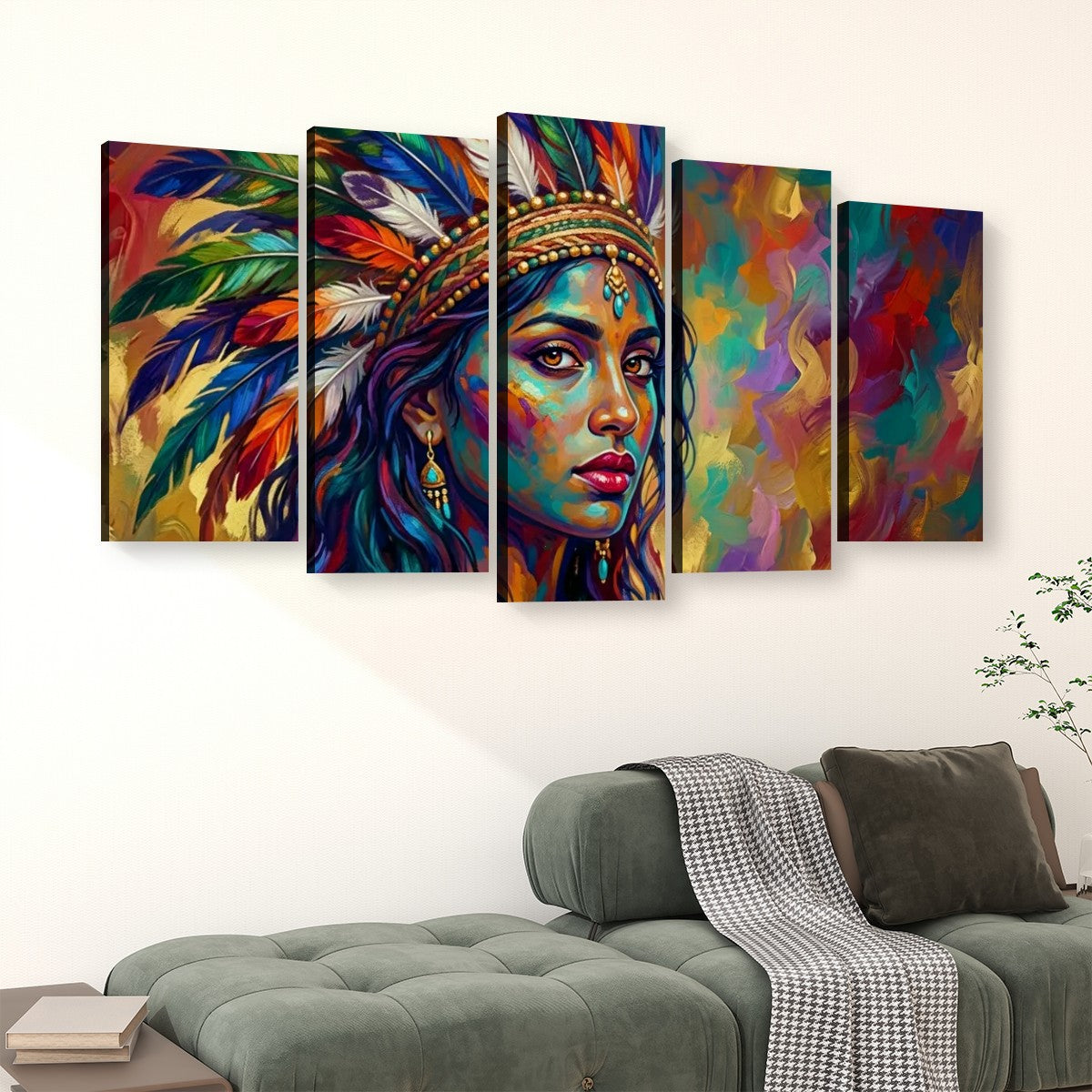A five-panel canvas wall art set depicting a colorful portrait of a woman in a feathered headdress, displayed above a green sofa in a living room setting.