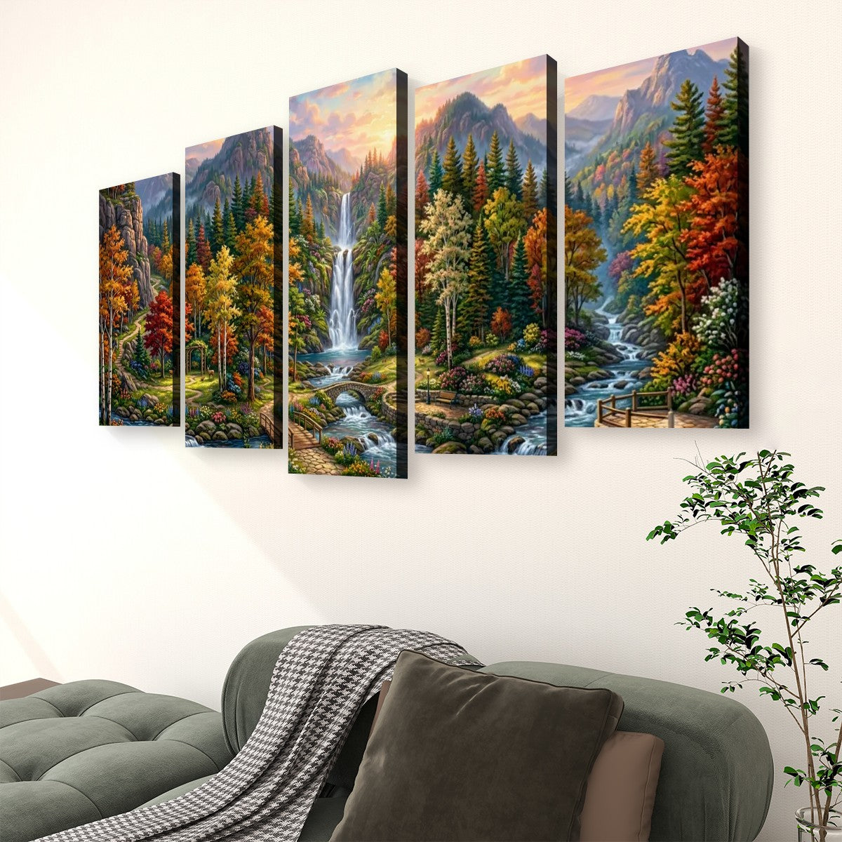 Waterfall Landscape Mountain Multi-Color Scene 5-Panel Canvas Wall Art