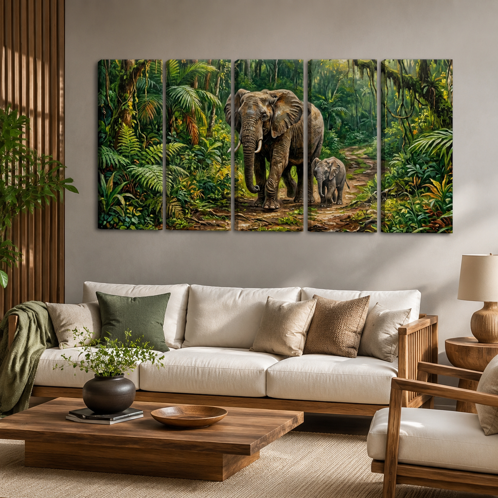A five-panel canvas wall art set depicting a large elephant and a baby elephant walking through a lush green jungle, displayed on a wall above a modern white and wood sofa in a living room setting.