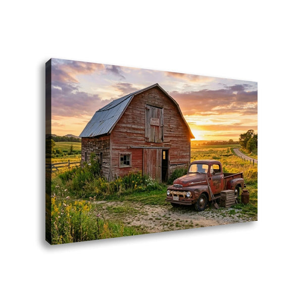 Ford F1 Pickup at Golden Hour — Rustic Bar & Sunset Canvas Wall Art