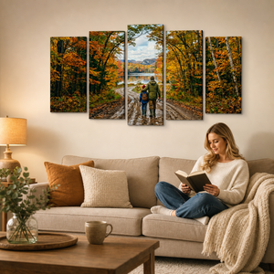 Gone Fishing Canvas Wall Art – Father & Son Autumn Lake Scene | 5-Panel Level Print