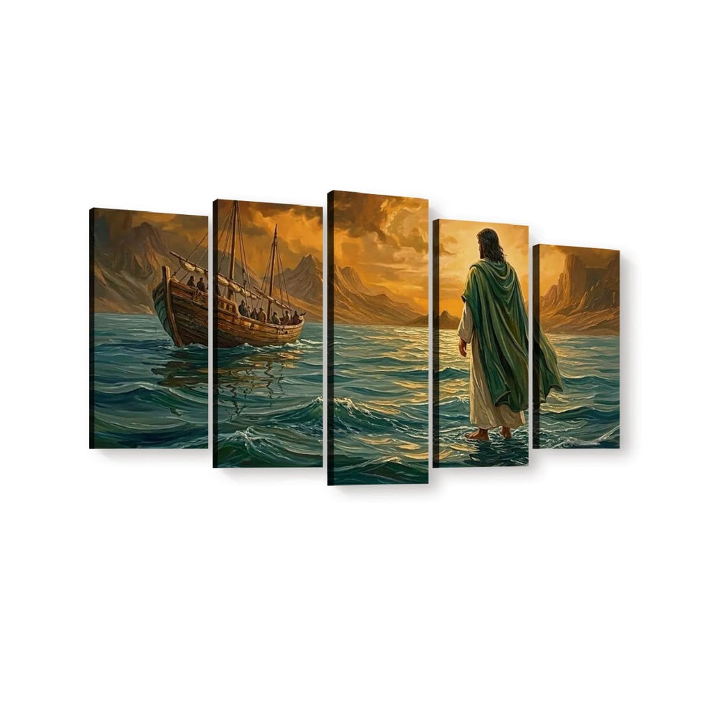 Jesus Walking on Water Stormy Seas Canvas Wall Art | 5-Panel Level & Diamond | 3 & 1 Panel
