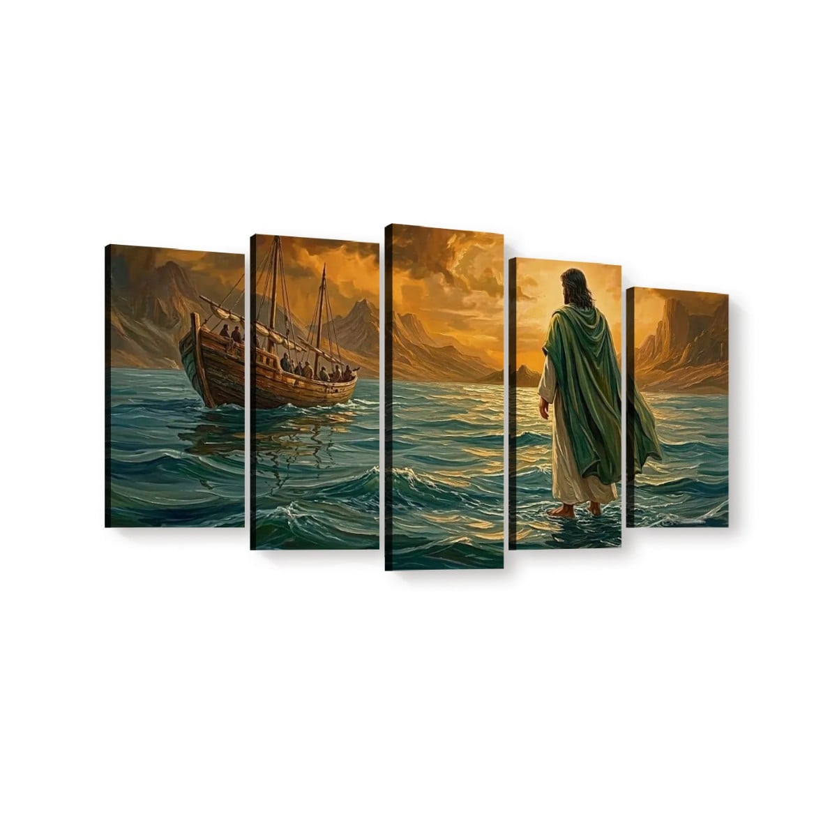 Jesus Walking on Water Stormy Seas Canvas Wall Art | 5-Panel Level & Diamond | 3 & 1 Panel