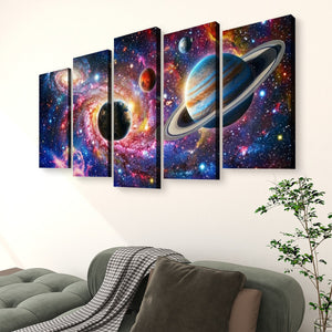 A five-panel canvas wall art set depicting a colorful outer space scene with planets, stars, and a nebula, displayed above a sofa in a living room setting.