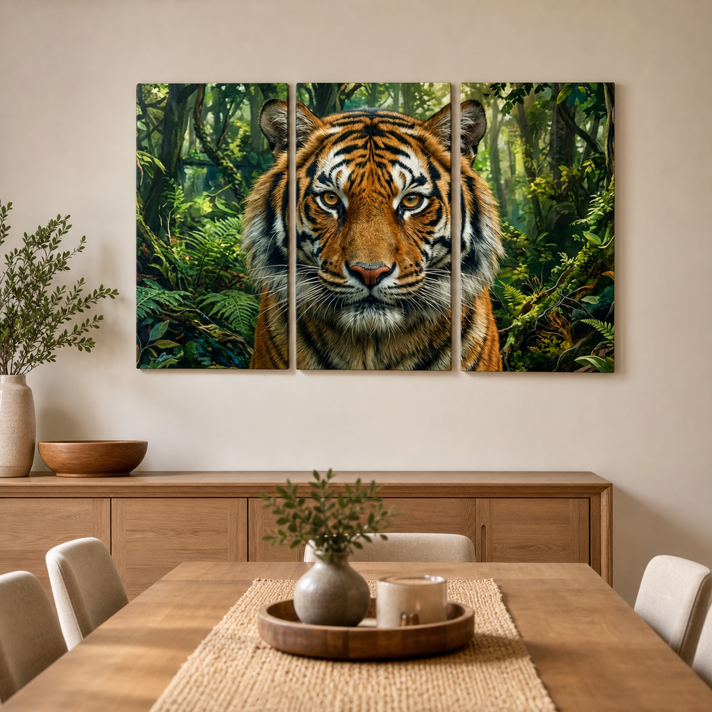 A three-panel canvas wall art set depicting a close-up tiger face in a lush green jungle, displayed on a beige wall above a wooden dining table in a modern dining room setting.