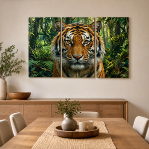 A three-panel canvas wall art set depicting a close-up tiger face in a lush green jungle, displayed on a beige wall above a wooden dining table in a modern dining room setting.
