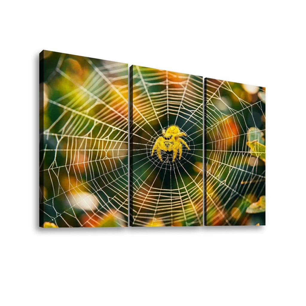 Three-panel canvas wall art showing a close-up  jumping spider on a web against a blurred green and orange natural background, displayed on a white wall.
