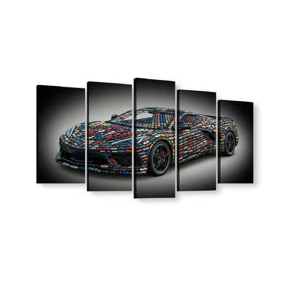 A five-panel canvas wall art set depicting a sports car covered in colorful brick-like patterns, shown against a dark background on a white wall.