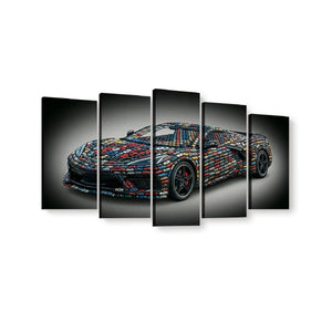 A five-panel canvas wall art set depicting a sports car covered in colorful brick-like patterns, shown against a dark background on a white wall.