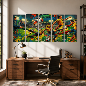 A 4-panel canvas wall art set depicting a vibrant, colorful soccer match scene with players and a ball, displayed on a wall in a modern home office setting above a wooden desk and chair.