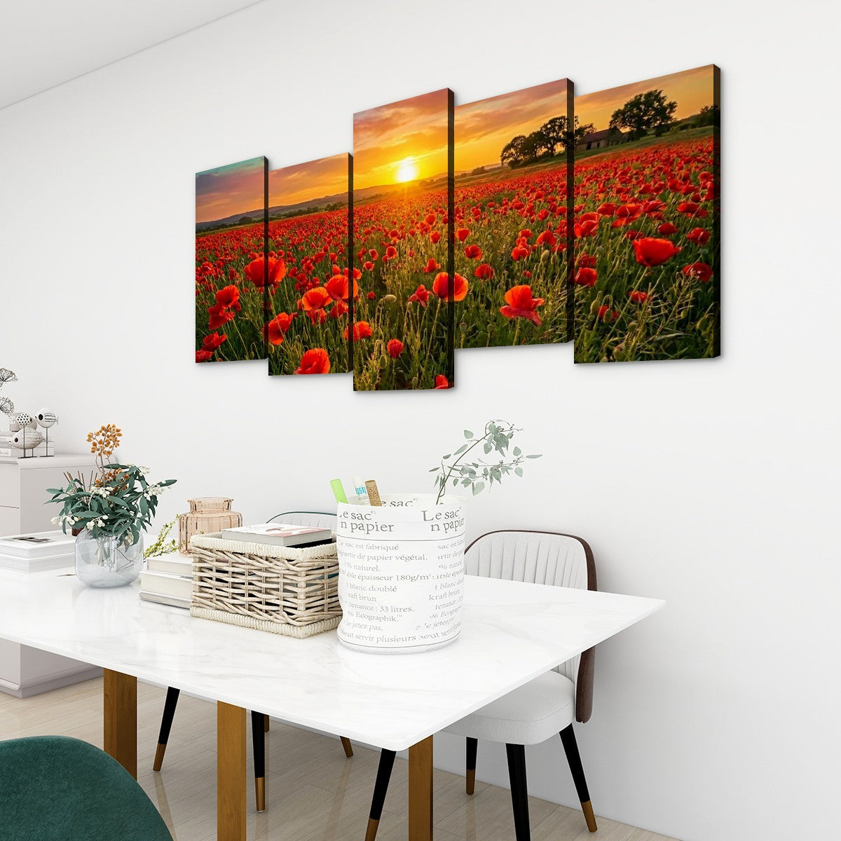 Golden Hour Poppy Field Canvas Wall Art – Fields of Fire | 5-Panel Level Nature Landscape Print