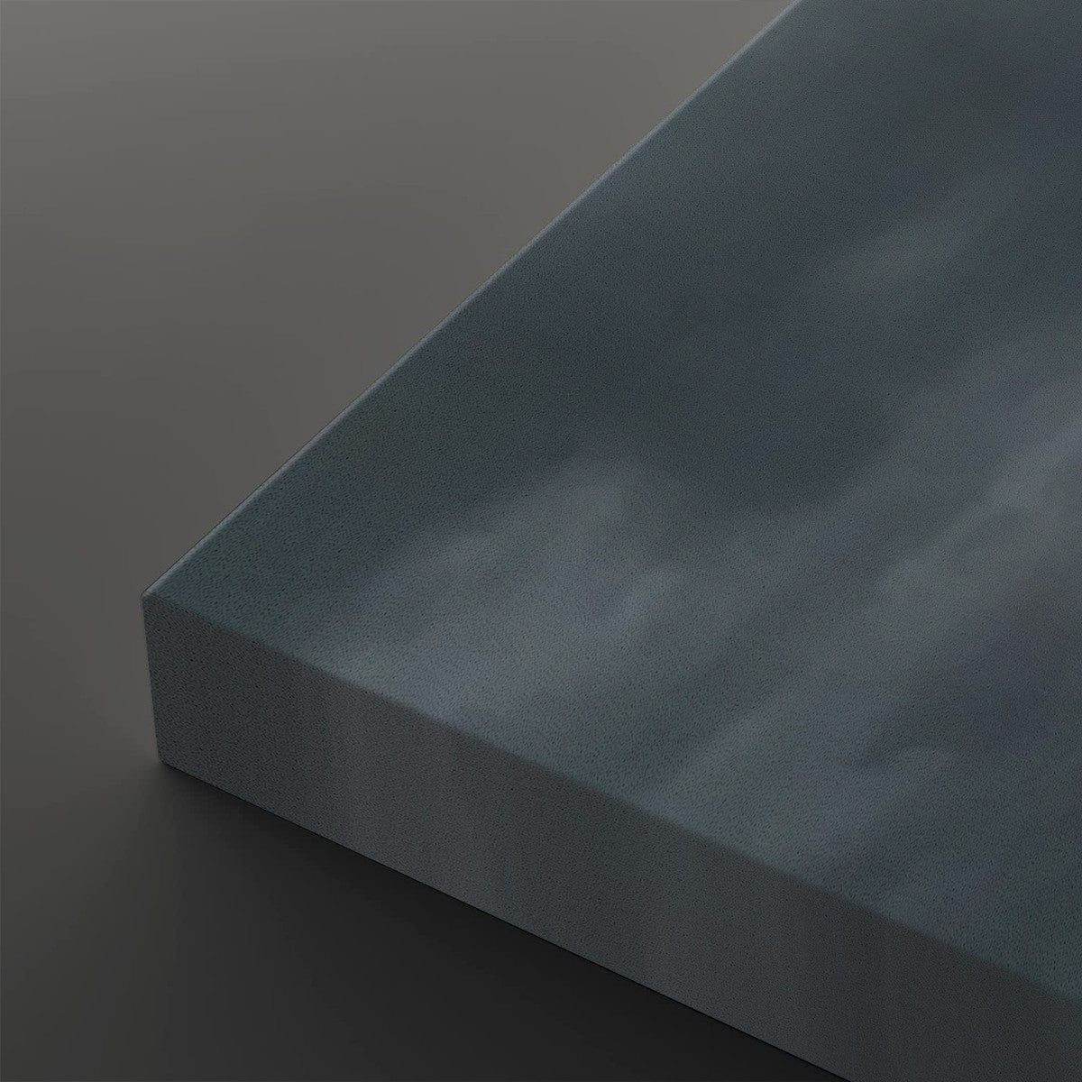 A close-up of a rectangular canvas or panel with a cloudy sky painting, showing its textured surface and depth against a dark gray background.
