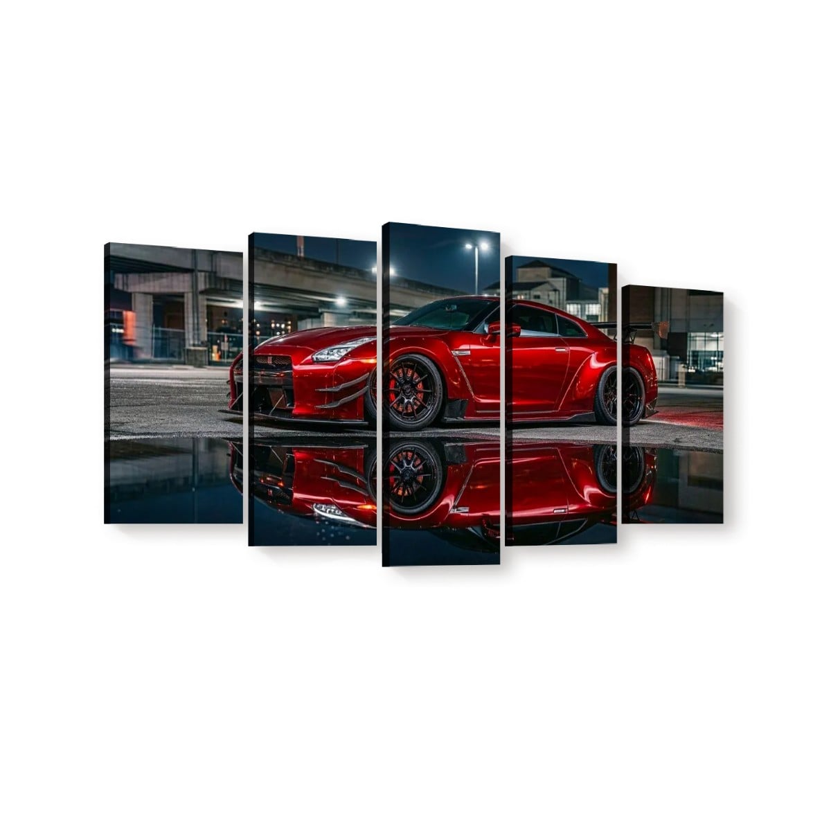 A 5-panel canvas wall art set depicting a red  Nissan GTR R35  sports car parked in a dark industrial lot at night, with a glossy reflection below. The panels are shown against a plain white background.