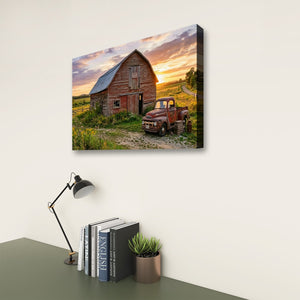 Ford F1 Pickup at Golden Hour — Rustic Bar & Sunset Canvas Wall Art