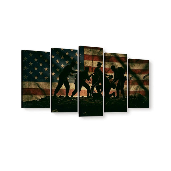 Five-panel canvas wall art showing silhouetted soldiers in front of a distressed American flag, displayed against a plain white background.