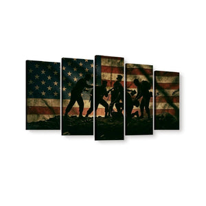 Five-panel canvas wall art showing silhouetted soldiers in front of a distressed American flag, displayed against a plain white background.