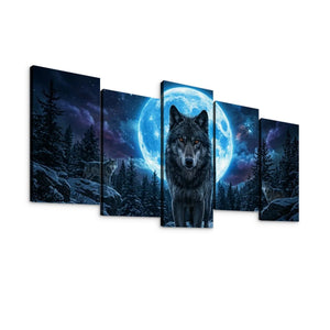 Howling Wolves with Blue Moon — 5-Panel Canvas Wall Art